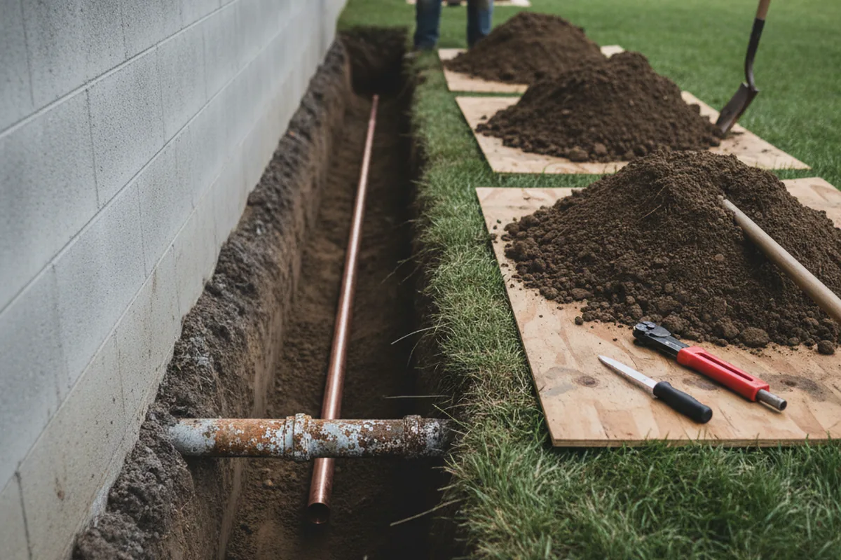 Excavated water line trench during Water Softener Installation in Osceola